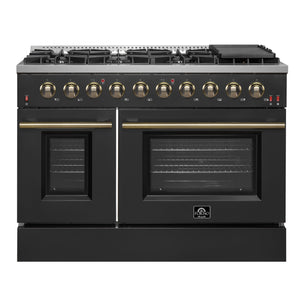 FORNO Appliance Package - 48" Gas Range, Range Hood, 60" Refrigerator in Black with Antique Brass Accents