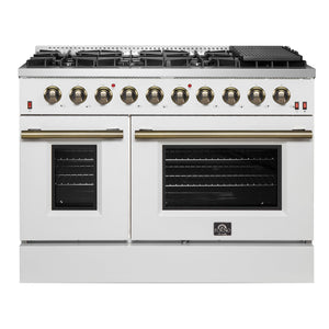 FORNO Galiano Package - 48" Gas Range, Range Hood, 60" Side-by-Side Refrigerator, Dishwasher and 24" Microwave Drawer in White with Antique Brass Accents
