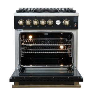 FORNO Giovanni 30" 4.32 cu. ft. Gas Range with 5 Burners, Air Fry Basket, Wok Support and Griddle in Black with Antique Brass Accents, FFSGS6274-30BLK