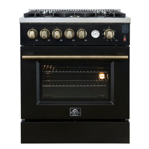 FORNO Giovanni 30" 4.32 cu. ft. Gas Range with 5 Burners, Air Fry Basket, Wok Support and Griddle in Black with Antique Brass Accents, FFSGS6274-30BLK