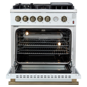 FORNO Giovanni 30" 4.32 cu. ft. Gas Range with 5 Burners, Air Fry Basket, Wok Support and Griddle in White with Antique Brass Accents, FFSGS6274-30WHT