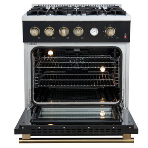 FORNO Marco 30" 4.32 cu.ft. Gas Range with 4 Burners and Temperature Gauge in Black with Antique Brass Accents, FFSGS6277-30BLK