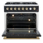 FORNO Marco 36" 5.36 cu.ft. Gas Range with 6 Burners and Temperature Gauge in Black with Antique Brass Accents, FFSGS6277-36BLK