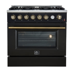 FORNO Appliance Package - 36" Gas Range, Range Hood, Dishwasher in Black with Antique Brass Accents