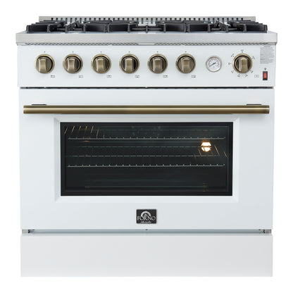 FORNO Marco 36" 5.36 cu.ft. Gas Range with 6 Burners and Temperature Gauge in Black with Antique Brass Accents, FFSGS6277-36WHT