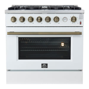 FORNO Appliance Package - 36" Gas Range, Range Hood, 60" Refrigerator in White with Antique Brass Accents