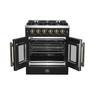 FORNO Galiano 30" 4.32 cu. ft. French Door Gas Range with 5 Sealed Burners in Black with Antique Brass Accents, FFSGS6444-30BLK