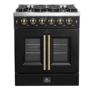 FORNO Galiano Package - 30" French Door Gas Range, Range Hood, 30" French Door Refrigerator with Ice Maker, Dishwasher, 24" Microwave Drawer in Black with Antique Brass Accents, AP-FFSGS6444-30BLK-D