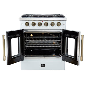 FORNO Galiano 30" 4.32 cu. ft. French Door Gas Range with 5 Sealed Burners in White with Antique Brass Accents, FFSGS6444-30WHT