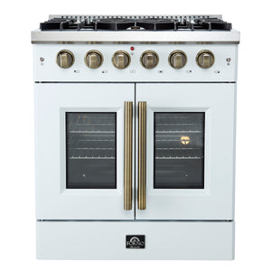 FORNO Galiano 30" 4.32 cu. ft. French Door Gas Range with 5 Sealed Burners in White with Antique Brass Accents, FFSGS6444-30WHT