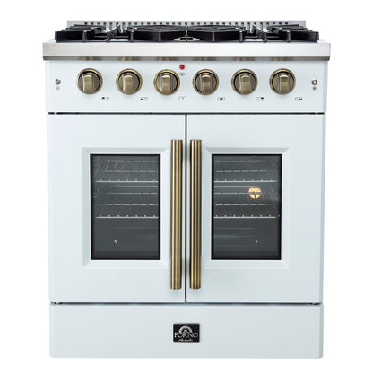 FORNO Galiano 30" 4.32 cu. ft. French Door Gas Range with 5 Sealed Burners in White with Antique Brass Accents, FFSGS6444-30WHT