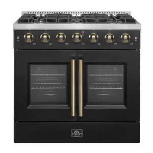 FORNO Galiano 36" 5.36 cu. ft. French Door Gas Range with 6 Sealed Burners in Black with Antique Brass Accents, FFSGS6444-36BLK