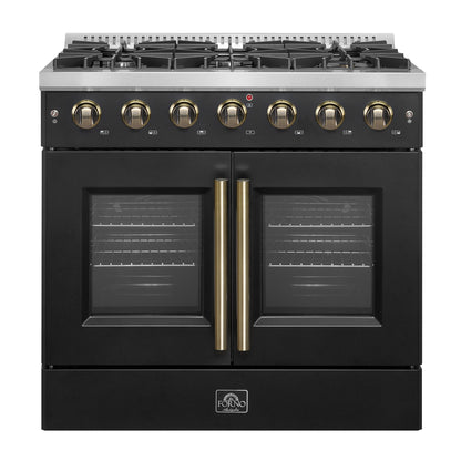 FORNO Galiano 36" 5.36 cu. ft. French Door Gas Range with 6 Sealed Burners in Black with Antique Brass Accents, FFSGS6444-36BLK