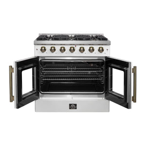FORNO Galiano 36" 5.36 cu. ft. French Door Gas Range with 6 Sealed Burners in White with Antique Brass Accents, FFSGS6444-36WHT