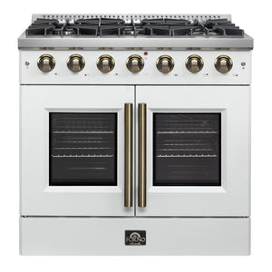 FORNO Galiano 36" 5.36 cu. ft. French Door Gas Range with 6 Sealed Burners in White with Antique Brass Accents, FFSGS6444-36WHT