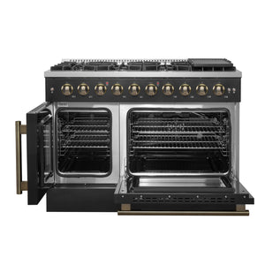 FORNO Galiano 48" 6.58 cu. ft. French Door Gas Range with 8 Sealed Burners and Griddle in Black with Antique Brass Accents, FFSGS6444-48BLK