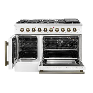FORNO Galiano 48" 6.58 cu. ft. French Door Gas Range with 8 Sealed Burners and Griddle in White with Antique Brass Accents, FFSGS6444-48WHT