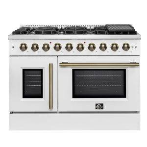 FORNO Galiano 48" 6.58 cu. ft. French Door Gas Range with 8 Sealed Burners and Griddle in White with Antique Brass Accents, FFSGS6444-48WHT