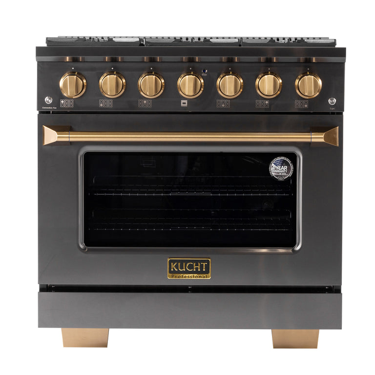 Kucht Gemstone Professional 36" 5.2 cu. ft. Natural Gas Range in Titanium Stainless Steel with Gold Accents, KEG363