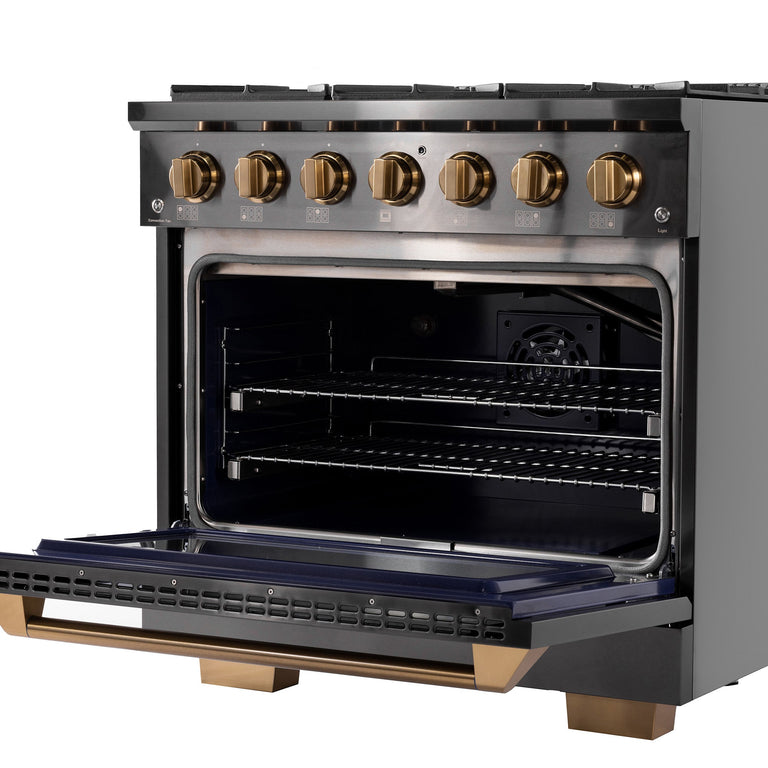 Kucht Gemstone Professional 36" 5.2 cu. ft. Propane Gas Range in Titanium Stainless Steel with Gold Accents, KEG363/LP
