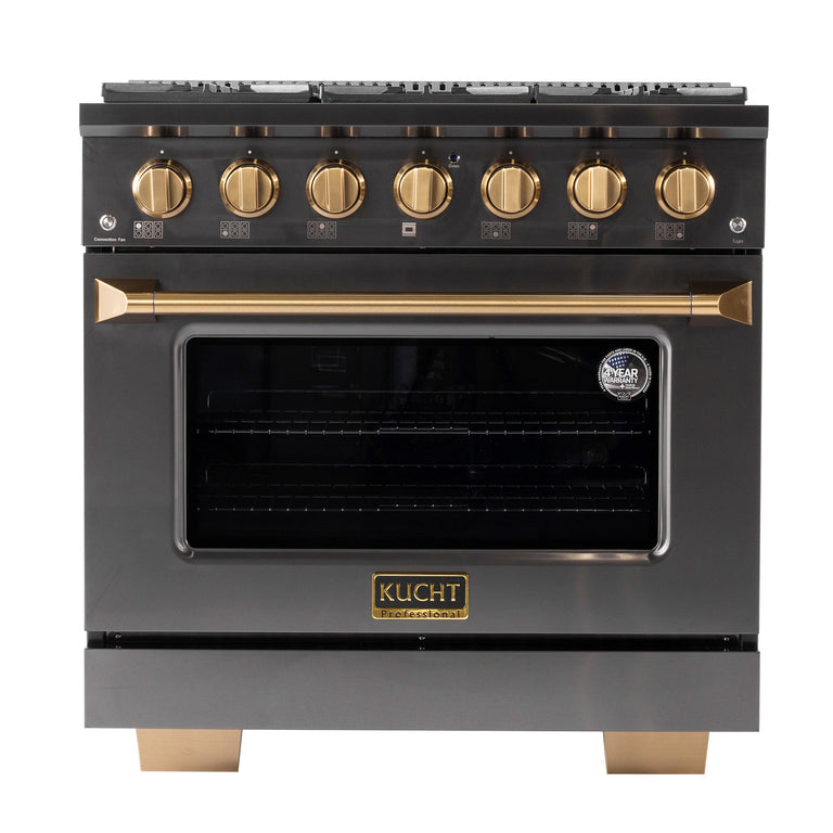 Kucht Gemstone Professional 36" 5.2 cu. ft. Propane Gas Range in Titanium Stainless Steel with Gold Accents, KEG363/LP