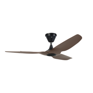 A modern three-blade ceiling fan with matte brown blades and a black motor housing, shown against a plain white background.