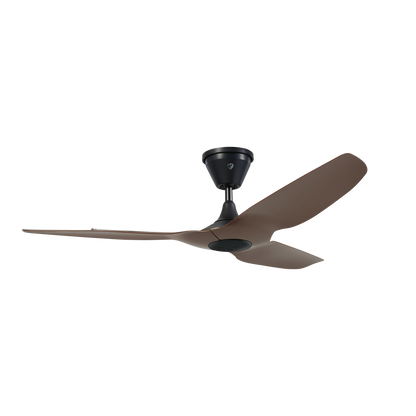 A modern three-blade ceiling fan with matte brown blades and a black motor housing, shown against a plain white background.