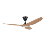 A modern three-blade ceiling fan with light natural wood blades and a matte black motor housing, shown against a plain white background.