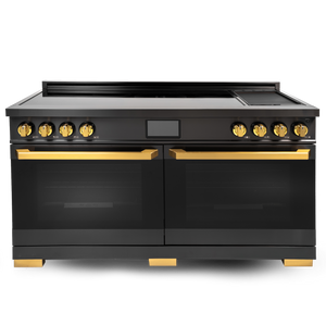 Induction Hardware Luxury Series Orion Edition 60-Inch 10.2 Cu. Ft. Double Oven Induction Range with Griddle, Self-Cleaning, Black Stainless Steel with Gold Accents, S-IR60-BS-ORION
