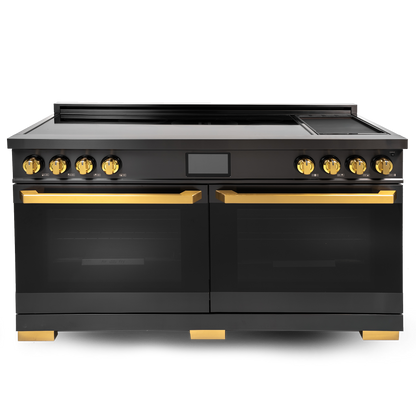 Induction Hardware Luxury Series Orion Edition 60-Inch 10.2 Cu. Ft. Double Oven Induction Range with Griddle, Self-Cleaning, Black Stainless Steel with Gold Accents, S-IR60-BS-ORION