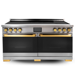 Induction Hardware Luxury Series Vega Edition 60-Inch 10.2 Cu. Ft. Double Oven Induction Range with Griddle, Self-Cleaning, Stainless Steel with Gold Accents, S-IR60-SS-VEGA