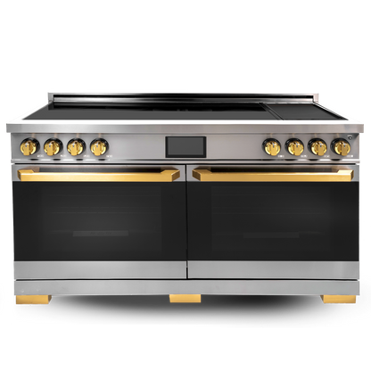 Induction Hardware Luxury Series Vega Edition 60-Inch 10.2 Cu. Ft. Double Oven Induction Range with Griddle, Self-Cleaning, Stainless Steel with Gold Accents, S-IR60-SS-VEGA