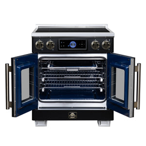 FORNO Maximus 30-Inch 4.32 cu. ft. French Door Induction Range, True Convection, Air Sous Vide, Air Fry Basket in Black with Antique Brass Accents, FFSIN0932-30BLK