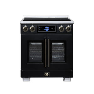 FORNO Maximus 30-Inch 4.32 cu. ft. French Door Induction Range, True Convection, Air Sous Vide, Air Fry Basket in Black with Antique Brass Accents, FFSIN0932-30BLK