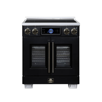 FORNO Maximus 30-Inch 4.32 cu. ft. French Door Induction Range, True Convection, Air Sous Vide, Air Fry Basket in Black with Antique Brass Accents, FFSIN0932-30BLK