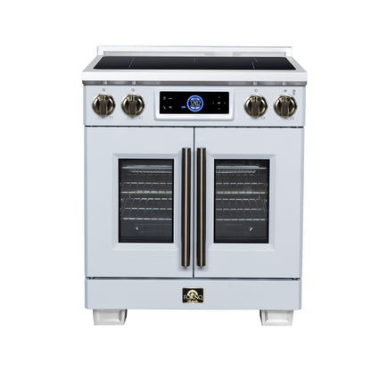 FORNO Maximus 30-Inch 4.32 cu. ft. French Door Induction Range, True Convection, Air Sous Vide, Air Fry Basket in White with Antique Brass Accents, FFSIN0932-30WHT