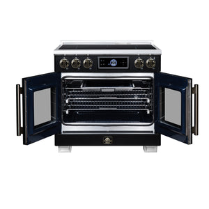 FORNO Maximus 36-Inch 5.36 cu. ft. French Door Induction Range, True Convection, Air Sous Vide, Air Fry Basket in Black with Antique Brass Accents, FFSIN0932-36BLK