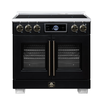 FORNO Maximus 36-Inch 5.36 cu. ft. French Door Induction Range, True Convection, Air Sous Vide, Air Fry Basket in Black with Antique Brass Accents, FFSIN0932-36BLK