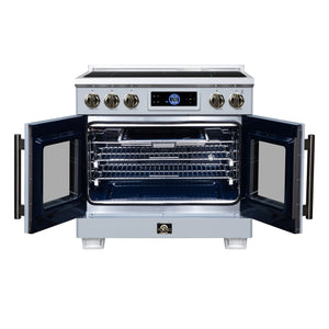 FORNO Maximus 36-Inch 5.36 cu. ft. French Door Induction Range, True Convection, Air Sous Vide, Air Fry Basket in White with Antique Brass Accents, FFSIN0932-36WHT