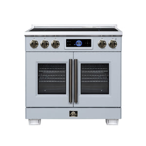FORNO Maximus 36-Inch 5.36 cu. ft. French Door Induction Range, True Convection, Air Sous Vide, Air Fry Basket in White with Antique Brass Accents, FFSIN0932-36WHT