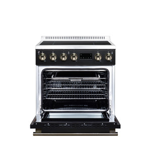 FORNO Torino 30-Inch 4.32 cu. ft. Induction Range, True Convection, Air Sous Vide, Air Fry Basket in Black with Antique Brass Accents, FFSIN0936-30BLK