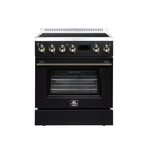 FORNO Torino 30-Inch 4.32 cu. ft. Induction Range, True Convection, Air Sous Vide, Air Fry Basket in Black with Antique Brass Accents, FFSIN0936-30BLK