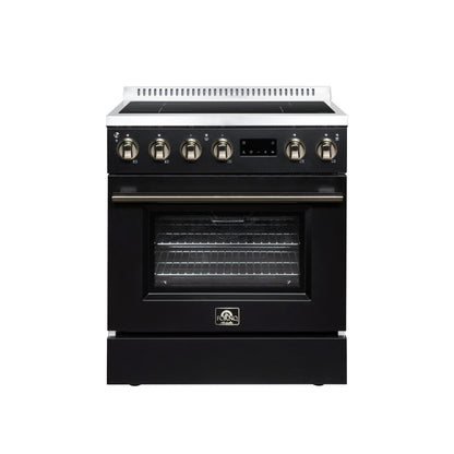 FORNO Torino 30-Inch 4.32 cu. ft. Induction Freestanding Range, True Convection, Air Fry Basket in Black with Antique Brass Accents, FFSIN0936-30BLK