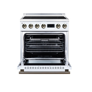 FORNO Torino 30-Inch 4.32 cu. ft. Induction Range, True Convection, Air Sous Vide, Air Fry Basket in White with Antique Brass Accents, FFSIN0936-30WHT