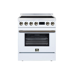FORNO Torino 30-Inch 4.32 cu. ft. Induction Range, True Convection, Air Sous Vide, Air Fry Basket in White with Antique Brass Accents, FFSIN0936-30WHT