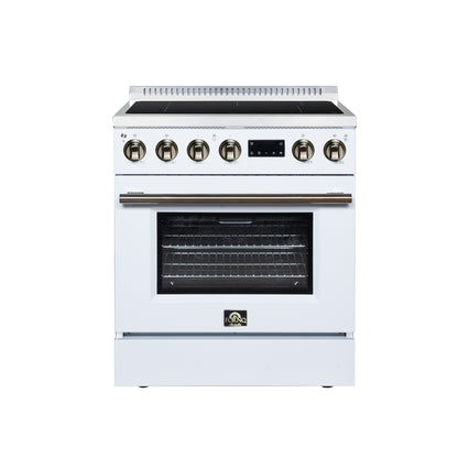 FORNO Torino 30-Inch 4.32 cu. ft. Induction Freestanding Range, True Convection, Air Fry Basket in White with Antique Brass Accents, FFSIN0936-30WHT