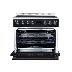 FORNO Torino 36-Inch 5.36 cu. ft. Induction Range, True Convection, Air Sous Vide, Air Fry Basket in Black with Antique Brass Accents, FFSIN0936-36BLK