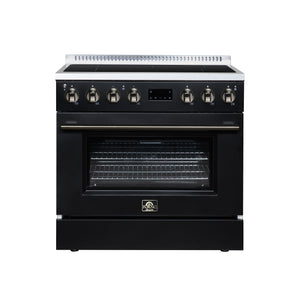 FORNO Torino 36-Inch 5.36 cu. ft. Induction Range, True Convection, Air Sous Vide, Air Fry Basket in Black with Antique Brass Accents, FFSIN0936-36BLK