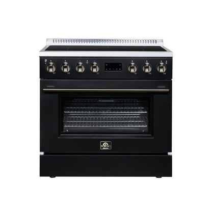 FORNO Torino 36-Inch 5.36 cu. ft. Induction Freestanding Range, True Convection, Air Fry Basket in Black with Antique Brass Accents, FFSIN0936-36BLK