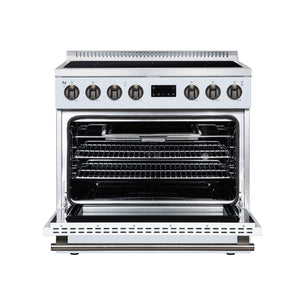 FORNO Torino 36-Inch 5.36 cu. ft. Induction Range, True Convection, Air Sous Vide, Air Fry Basket in White with Antique Brass Accents, FFSIN0936-36WHT